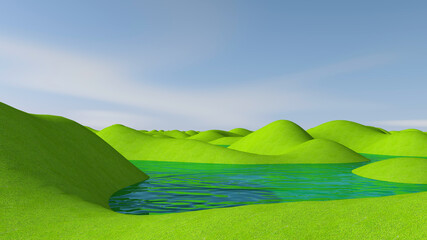Green meadow with sky background. 3D illustration, 3D rendering	
