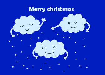 New Year card with the inscription Merry Christmas. Snow clouds with cute faces.