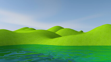 Obraz premium Green meadow with sky background. 3D illustration, 3D rendering