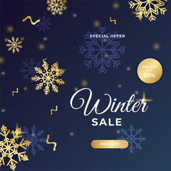 Merry Christmas winter new year sale cards with frame and golden decorations. Trendy abstract square Winter Holidays art template for social media post, mobile apps, banner design and web/internet ads