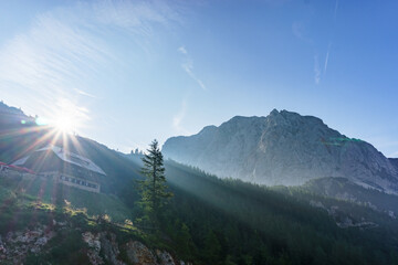sun rising over mountain landscape in triglav national park in Julian Alps, Slovenia