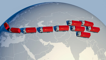 A number of trucks drive on the new silk road from China to Europe - Concept globalization - new trade routes -3d-illustration