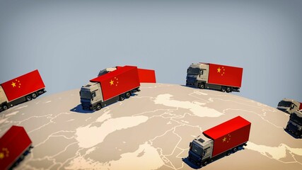 Many trucks with the Chinese flag drive around on a globe - Chinese exports concept - new trade routes - 3d-illustration