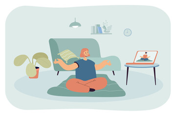 Obraz na płótnie Canvas Woman having online yoga class. Female character watching live video via laptop and doing exercises at home flat vector illustration. Health, education, modern technology, leisure activity concept
