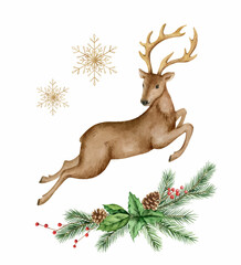 Christmas vector watercolor wreath with a deer and fir branches.