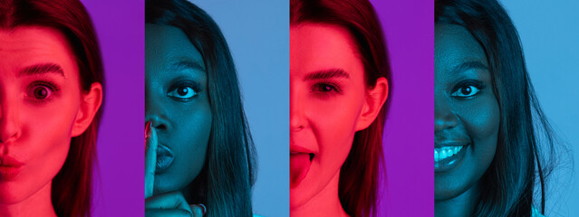 Fototapeta premium Set of cropped portraits of group of people on multicolored background in neon light, collage.