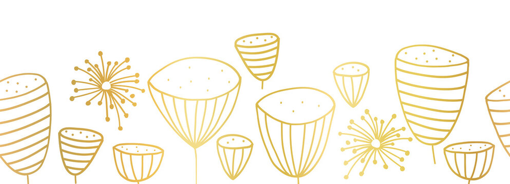 Golden flowers seamless border. Modern horizontal doodle line art pattern decorative metallic gold foil florals. Vector sketch illustration isolated on white background. Elegant border, footer, decor.