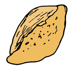 the bread is oval in shape with sharp edges, yellow in color. bread is a top view and hand-drawn in the style of doodles with a black outline, with a cut and dots on white. stylized simple loaf