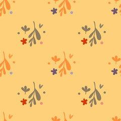 Fototapeta na wymiar Autumn small flowers and leaf seamless pattern. Vintage background.