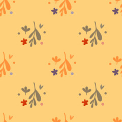 Fototapeta premium Autumn small flowers and leaf seamless pattern. Vintage background.
