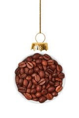 Christmas ball is made from coffee beans isolated on white background.