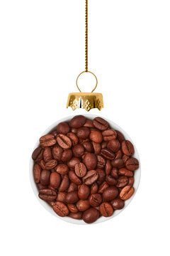 Christmas Ball Is Made From Coffee Beans Isolated On White Background.