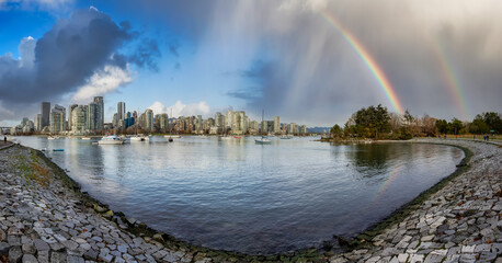 Panoramic View of Modern Downtown Cityscape in False Creek. Dramatic Sky with Rainbow Art Render. Vancouver, British Columbia, Canada.