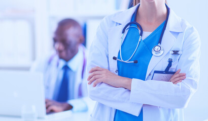 Medicine doctor offering hand to shake in office closeup. Doctors