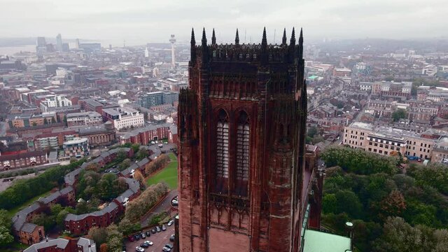 Liverpool Anglican cathedral historical North West England landmark aerial drone video. 