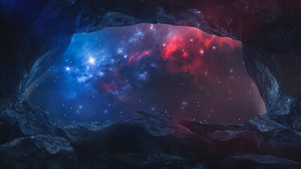 Space cave, stones, tunnel and starry night Galatian sky, planets, nebula. Fantasy space landscape, rock hole. Neon space 3D illustration. 