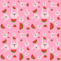 Rabbit and watermelon cartoon character pattern on pink background.