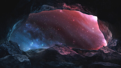Space cave, stones, tunnel and starry night Galatian sky, planets, nebula. Fantasy space landscape, rock hole. Neon space 3D illustration. 