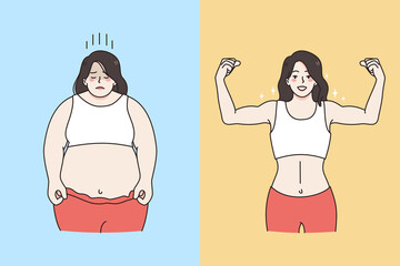 Fat and overweight figure concept. Sad depressed fat overweight woman standing opposite slim sporty and fir shape female vector illustration  - obrazy, fototapety, plakaty