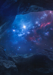 Fototapeta na wymiar Space cave, stones, tunnel and starry night Galatian sky, planets, nebula. Fantasy space landscape, rock hole. Neon space 3D illustration. 
