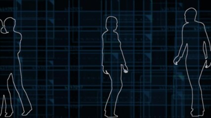 Many people walking against blue background of files opening , closing.  Personal information data theme. 3d render animation - Powered by Adobe