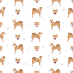 Shiba Inu, Japanese small size dog coat colors, different poses seamless pattern.  Vector illustration