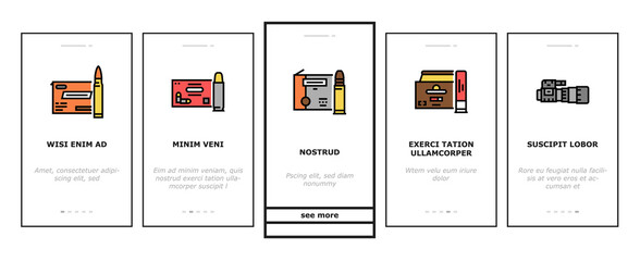 Shooting Weapon And Accessories Onboarding Mobile App Page Screen Vector. Pepper Spray And Ammo Box, Centerfire And Rimfire Pistol, Night Vision Scope And Ear Muffs For Shooting Gun. Illustrations
