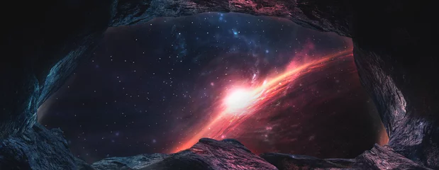 Poster Ruimtegrot, stenen, tunnel en sterrennacht Galatiaanse hemel, planeten, nevel. Fantasie ruimtelandschap, rotsgat. Neon ruimte 3D illustratie. © MiaStendal