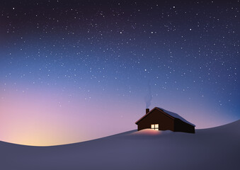 La solitude et le calme d’un paysage enneigé au lever du jour, symbolisée par une maison isolée sous un ciel étoilé. - obrazy, fototapety, plakaty