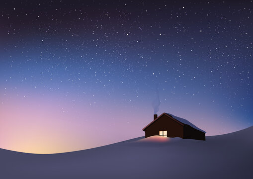 La solitude et le calme d’un paysage enneigé au lever du jour, symbolisée par une maison isolée sous un ciel étoilé.
