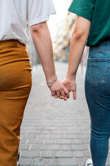 Unrecognizable lesbian couple holding hands