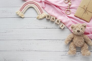 Baby waiting, pregnancy announcement background, flat lay with pink blanket, boho rainbow...