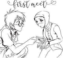 Meeting each other for the first time eye to eye. make a first impression. Contour vector illustrations. Manga style
