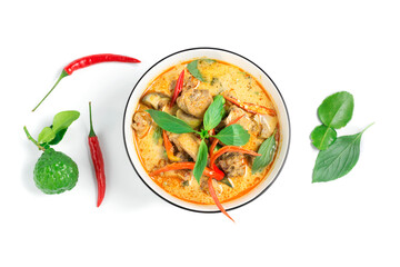 Thai food, green curry or red curry with chicken isolated on white background, top view.