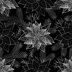 Poinsettia flower. Seamless black and white pattern with flowers, winter berries, branches of a Christmas tree.