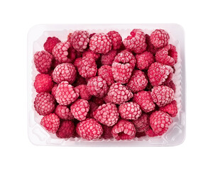 Frozen raspberries in food box isolated on white background.