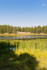 panorama of swan lake in teton national park in Wyoming