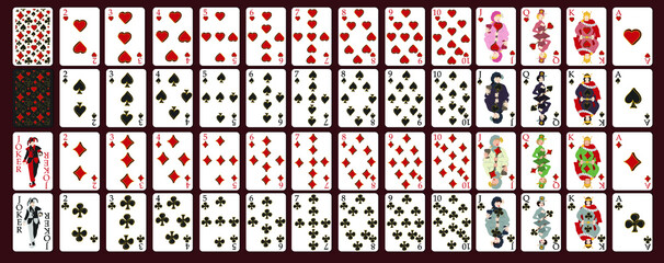 Poker set with isolated cards on red background. Poker cards, full deck. Vector illustration © Logvin art