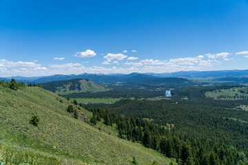 The Snake River meanders in the distance through Jackson Hole valley near Grand Teton National Park in Wyoming