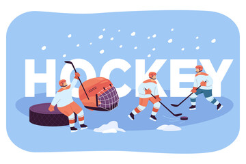 Fototapeta na wymiar Hockey players in uniform practicing with sticks and puck on ice rink. Male people doing winter sport on background of word hockey flat vector illustration. Free time activity concept for wallpaper
