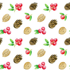 Seamless pattern with pine cones, cranberries and nuts