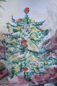 Christmas tree fine art illustration. Brush strokes colorful surface. Shabby paper texture. Winter holidays concept. New year tree watercolor painting.