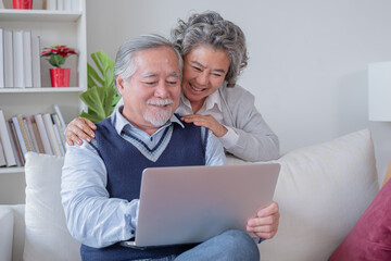 senior husband and wife  sit on sofa look at computer notebook are happy