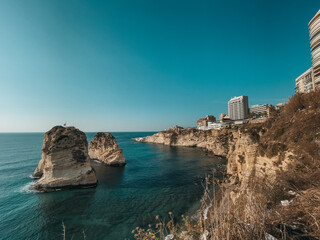 Sabah Nassar's Rock at Raouche in Beirut, Lebanon. known as the Pigeons' Rock. Beautiful nature and sea. Lebanon attractions.
