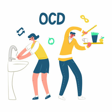 Vector flat isolated image with two characters who have symptoms of obsessive compulsive disorder, OCR. Woman constantly washes her hands, man is afraid of asymmetry, disorder, puts items correctly.