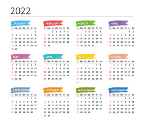 Simple vector 2022 calendar week starts on sunday