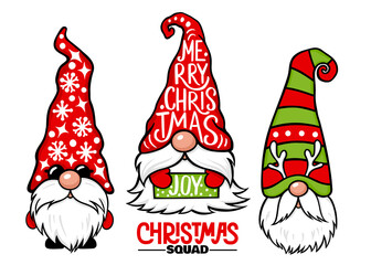 Christmas Gnomes vector set. Christmas quotes. Cute elf isolated on white.