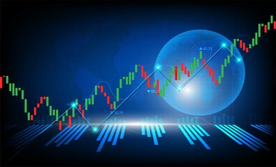 Blue neon graph candle stick graph chart world stock market investment chart stock trading bullish point bear market trend trend graph vector with world map of graph vector design.