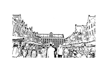 Fototapeta premium Building view with landmark of Leuven is the city in Belgium. Hand drawn sketch illustration in vector.