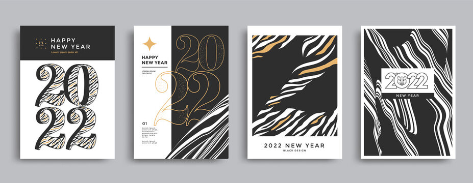 2022 Happy New Year posters set with tiger stripes. Black and white card with typography 2022. Vector